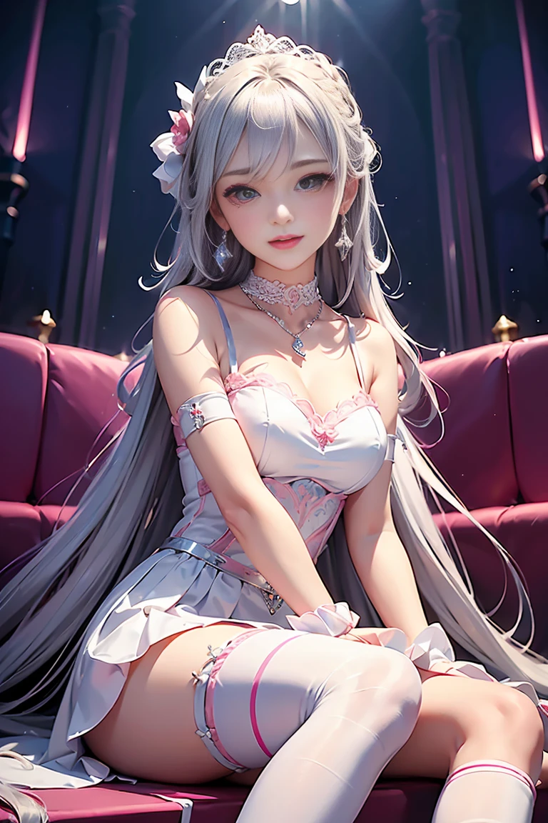 masterpiece, illustration, cartoon, 1 girl, intricate details, best texture, real, 8k, soft light, perfect shadow, full body, real, 1 girl, 27 years old, scary face, pink sexy hot nude, necklace and watch, transparent dress, smile, , (white background), navel, lingerie, spread legs, white hair