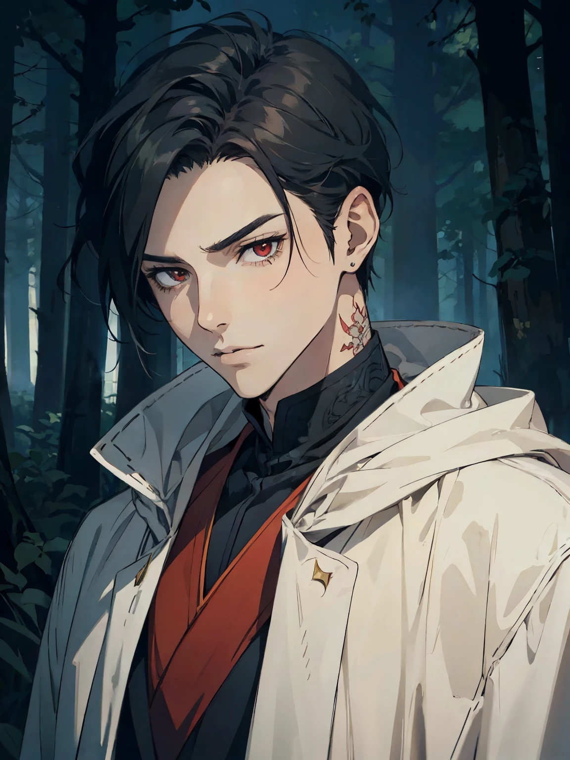 anime - style image of a man in a black coat in a forest, handsome guy in demon slayer art, anime lush john 8k woods, male anime style, handsome japanese demon boy, beautiful androgynous prince, anime handsome man, anime portrait of a handsome man, male anime character, badass anime 8 k, artwork in the style of guweiz, red eyes