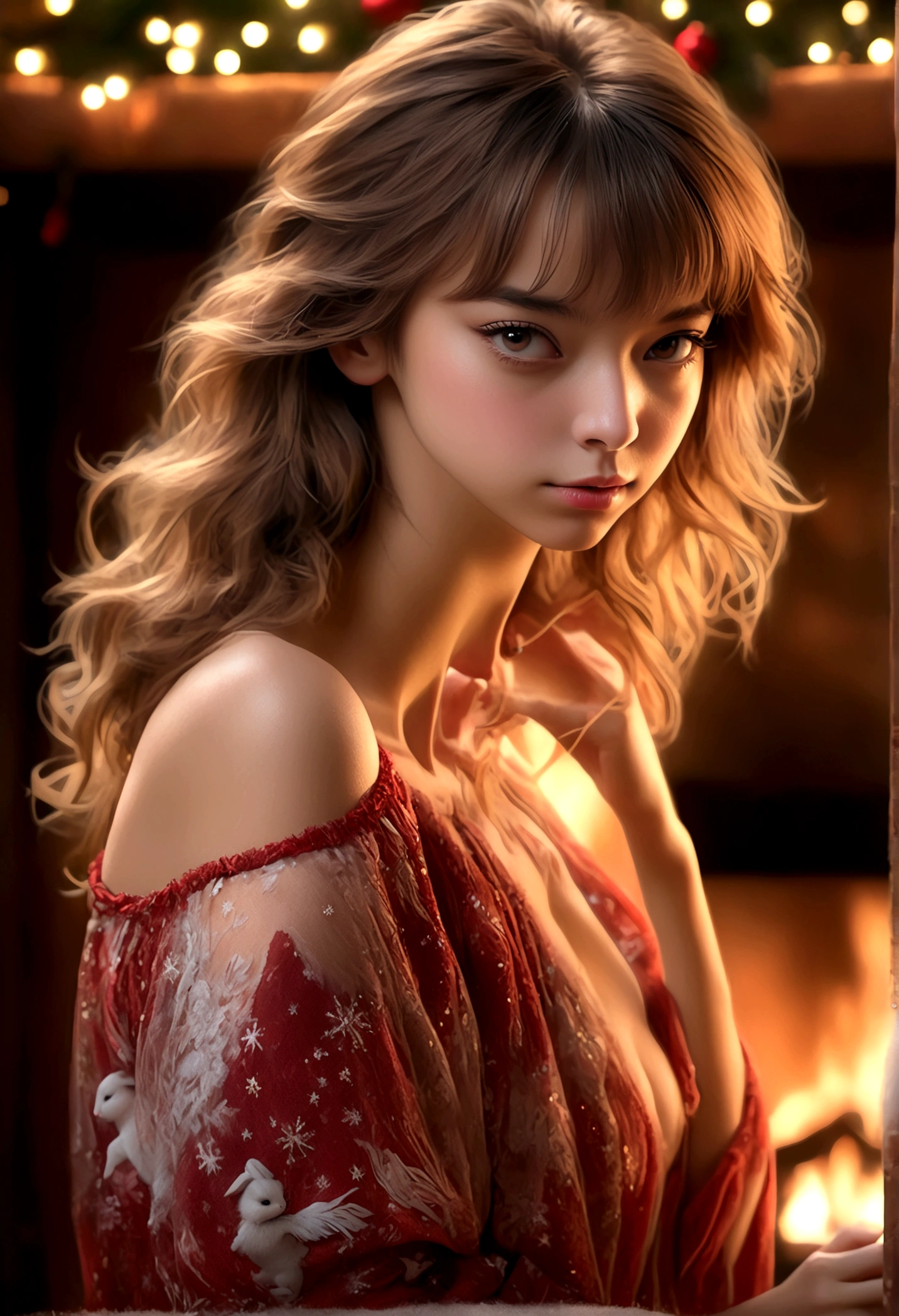 a beautiful young woman (Lalisa Manobal, age 25), wearing an airy sheer Christmas night gown (shoulders exposed, deeply plunging neckline) , nude except for night gown, her intimate areas partially exposed and very detailed, playing with a baby bunny by an old-fashioned fireplace with a roaring fire, Christmas scene (best quality, 4k, 8k, highres, masterpiece:1.2), ultra-detailed, (realistic, photorealistic, photo-realistic:1.37), HDR, UHD, studio lighting, ultra-fine painting, sharp focus, physically-based rendering, extreme detail description, professional, vivid colors, bokeh, portrait, figurative, intimate, sensual, cozy, Christmas, warm lighting, chiaroscuro (show her entire body, show all of her)
