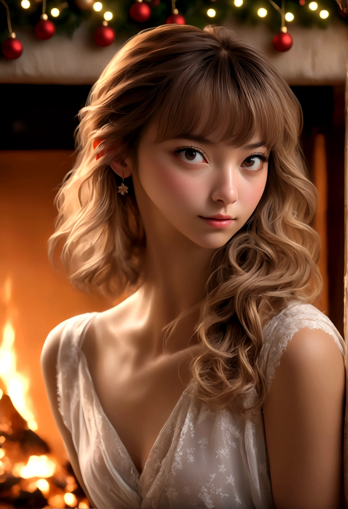 a beautiful young woman (Lalisa Manobal, age 25), wearing an airy sheer Christmas night gown (shoulders exposed, deeply plunging neckline) , nude except for night gown, her intimate areas partially exposed and very detailed, playing with a baby bunny by an old-fashioned fireplace with a roaring fire, Christmas scene (best quality, 4k, 8k, highres, masterpiece:1.2), ultra-detailed, (realistic, photorealistic, photo-realistic:1.37), HDR, UHD, studio lighting, ultra-fine painting, sharp focus, physically-based rendering, extreme detail description, professional, vivid colors, bokeh, portrait, figurative, intimate, sensual, cozy, Christmas, warm lighting, chiaroscuro (show her entire body, show all of her)
