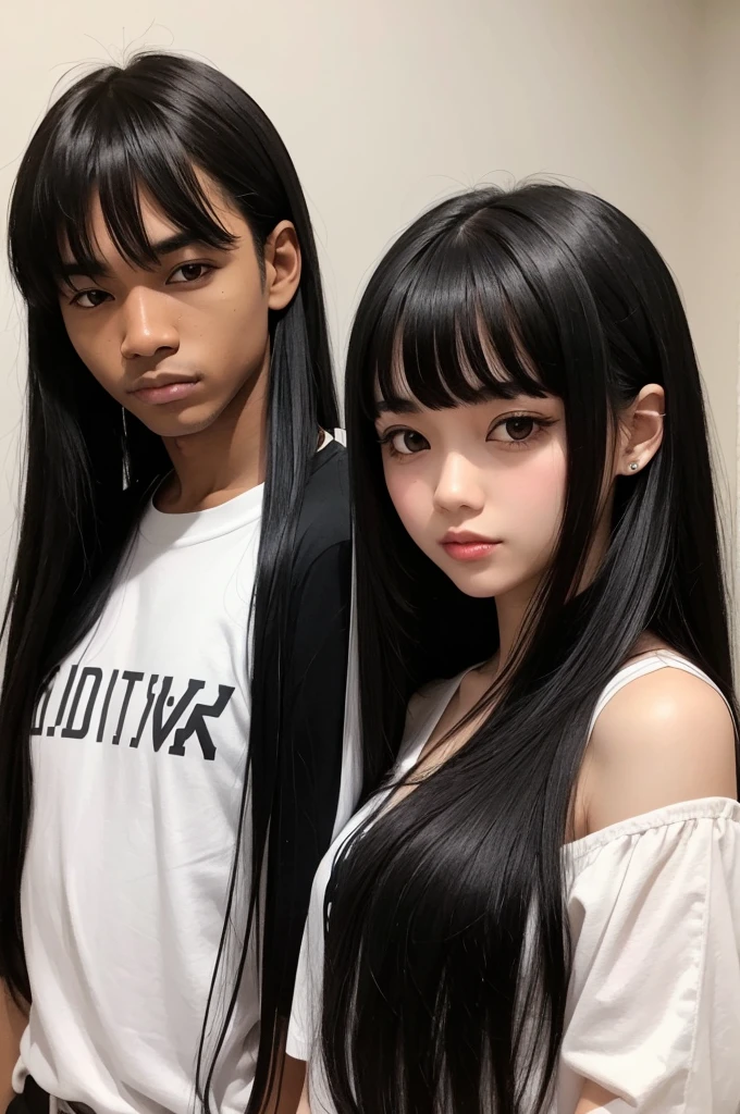 black boy with medium straight hair and white girl with long black hair and bangs