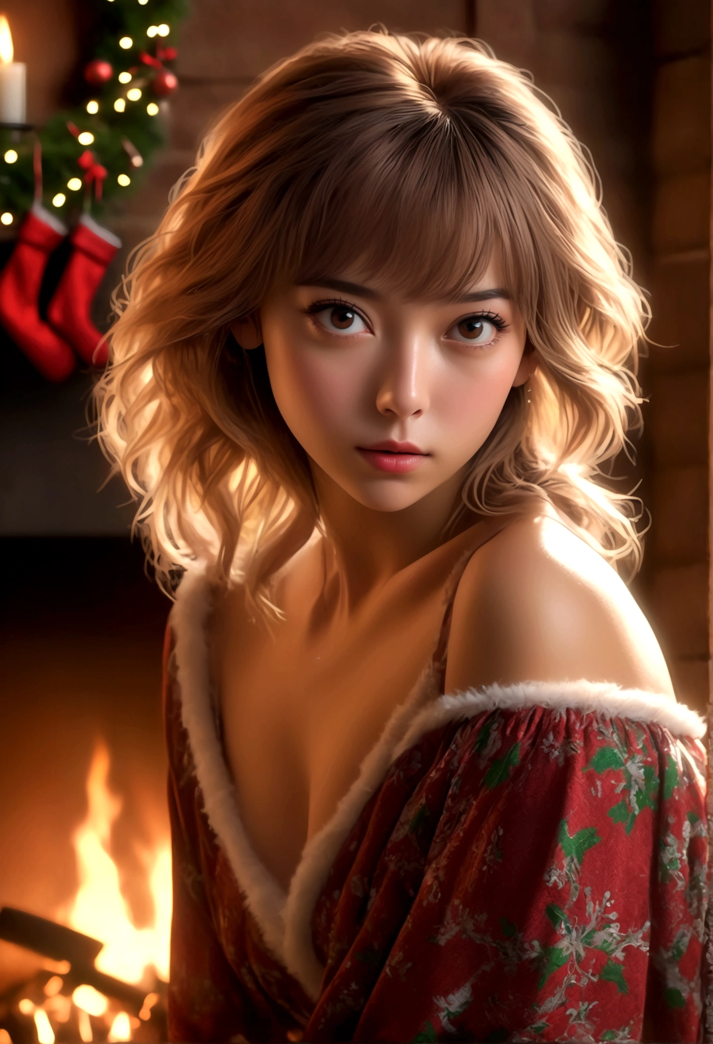 a beautiful young woman (Lalisa Manobal, age 25), wearing an airy sheer Christmas night gown (shoulders exposed, deeply plunging neckline) , nude except for night gown, her intimate areas partially exposed and very detailed, playing with a baby bunny by an old-fashioned fireplace with a roaring fire, Christmas scene (best quality, 4k, 8k, highres, masterpiece:1.2), ultra-detailed, (realistic, photorealistic, photo-realistic:1.37), HDR, UHD, studio lighting, ultra-fine painting, sharp focus, physically-based rendering, extreme detail description, professional, vivid colors, bokeh, portrait, figurative, intimate, sensual, cozy, Christmas, warm lighting, chiaroscuro (show her entire body, show all of her)