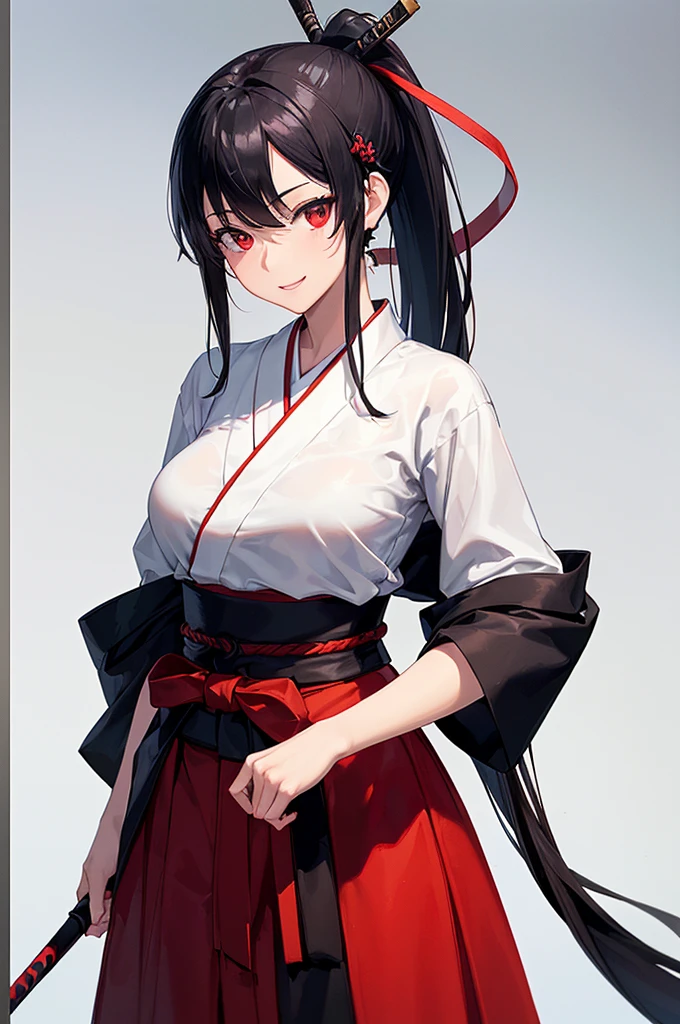 (masterpiece; best quality: 1.2), (finely detailed eyes: 1.3), ((25 year old woman)), ((solo)), (red eyes: 1.4), (body; lithe, slender, femenine: 1.3), (black hair in ponytail: 1.3), (beautiful and clear background: 1.2), ((depth of field)), (clothes: ronin attire + black-and-white hakama + red sash: 1.3), (anime illustration: 1.2), (background; kendo dojo + night time: 1.1), (extremely fine and beautiful: 1.1), (shot composition; standing + centered on torso + close-up: 1.5), (expression; calm, smile: 1.2)