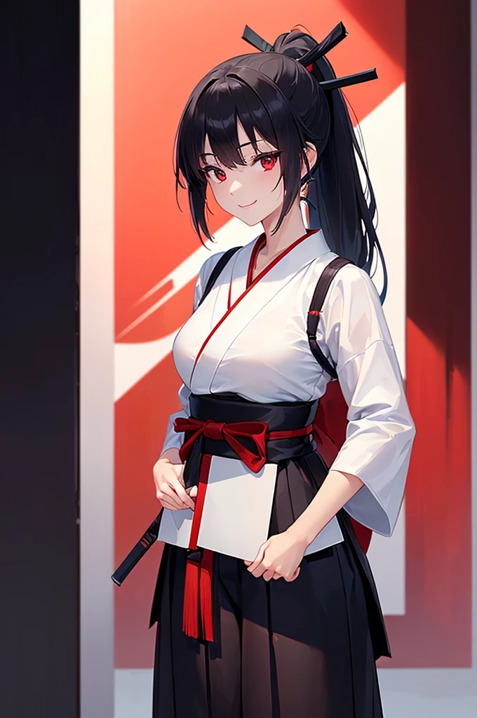 (masterpiece; best quality: 1.2), (finely detailed eyes: 1.3), ((25 year old woman)), ((solo)), (red eyes: 1.4), (body; lithe, slender, femenine: 1.3), (black hair in ponytail: 1.3), (beautiful and clear background: 1.2), ((depth of field)), (clothes: ronin attire + black-and-white hakama + red sash: 1.3), (anime illustration: 1.2), (background; kendo dojo + night time: 1.1), (extremely fine and beautiful: 1.1), (shot composition; standing + centered on torso + close-up: 1.5), (expression; calm, smile: 1.2)
