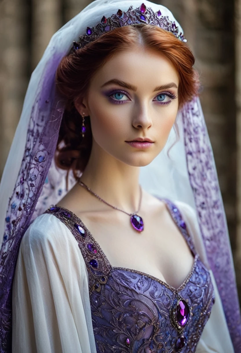 Girl, 20 years, beautiful, high cheekbones, deep blue eyes, thick soft auburn hair, tall, graceful, womanly, white medieval dress, purple hairnet with purple jewels