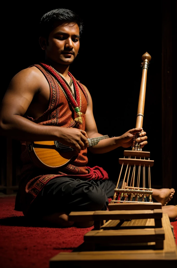 Create a nepali 24 years boy play madal the nepali music instrument with dark background