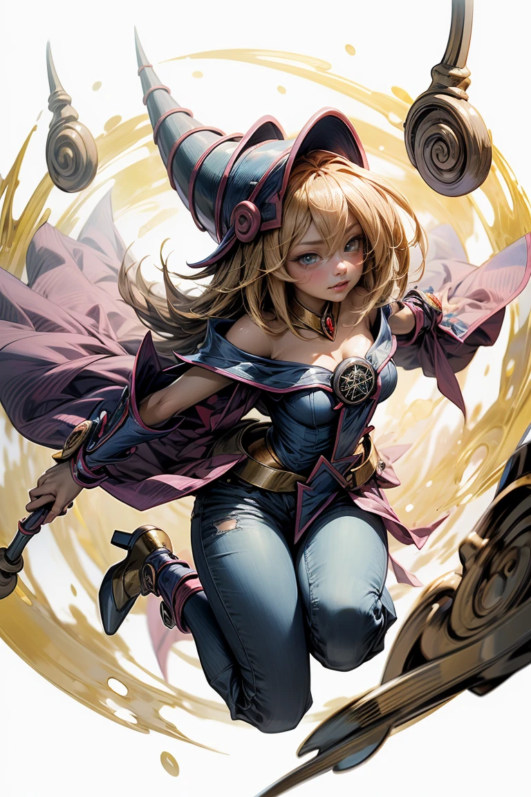(Masterpiece:1.2), (The best quality:1.2), perfect lighting, Dark Magician Girl casting a spell, in battle. floating in the air, large visible , wear jeans and heels. transparent neckline, blue robe, big hat, From above, shines, Yugioh games, The magic of the heart, romantic heart.
