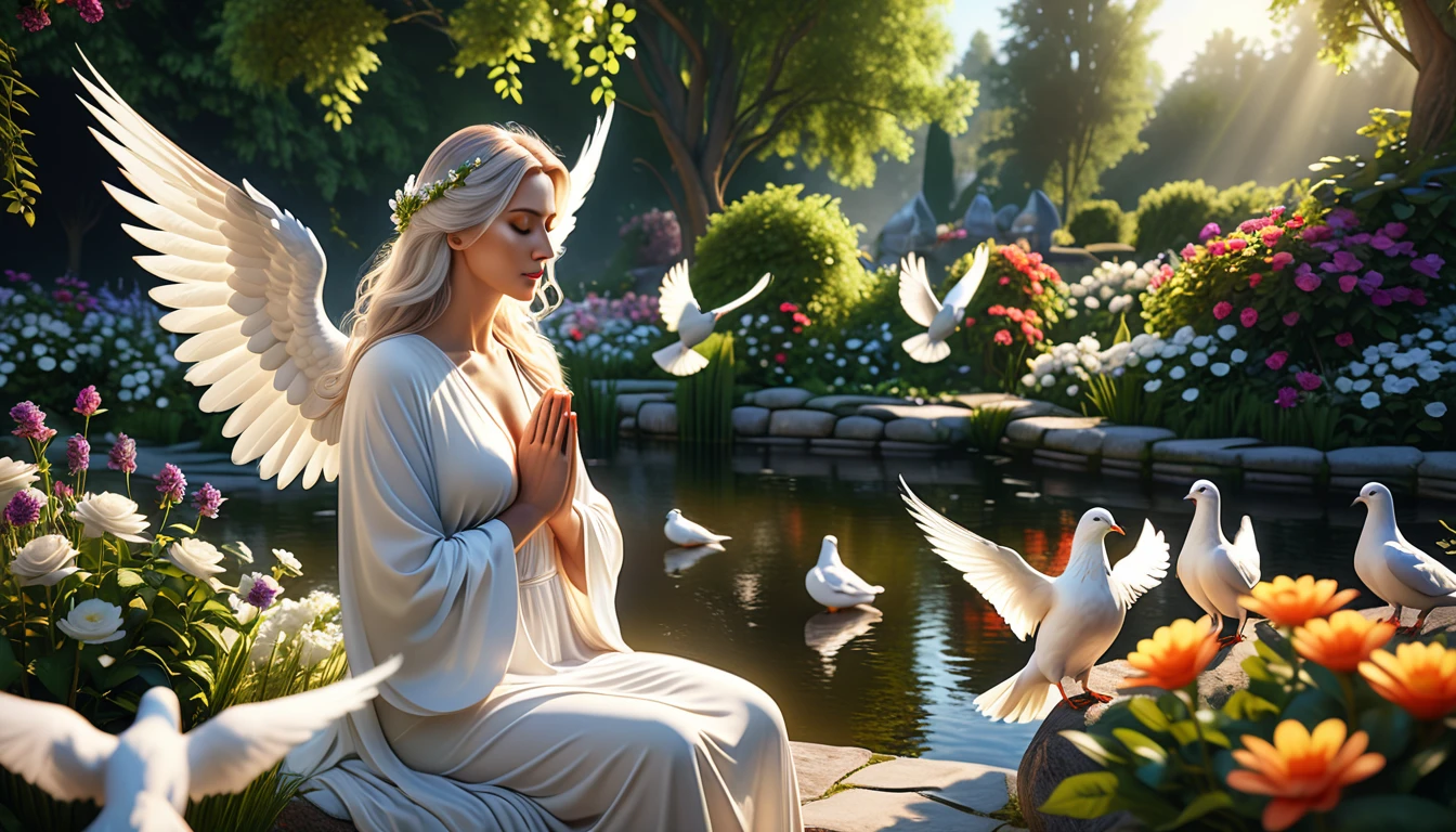 a 29 years old beautiful angel mother with long white hair, european face ,beautifull wings, huge tits, beautifull white angelic wings, praying,white clothes, surrounded by white doves, serene and peaceful expression, ethereal and heavenly, 4k, high quality, intricate details, photorealistic, dramatic lighting, vibrant colors, beautifull scenerie, beautifull light, a peaceful garden, lush greenery, blooming flowers, serene atmosphere, warm sunlight, calming pond, tranquil landscape, beautiful scenery, natural environment, idyllic setting, (best quality,4k,8k,highres,masterpiece:1.2),ultra-detailed,(realistic,photorealistic,photo-realistic:1.37),landscape,vibrant colors,soft lighting,natural lighting