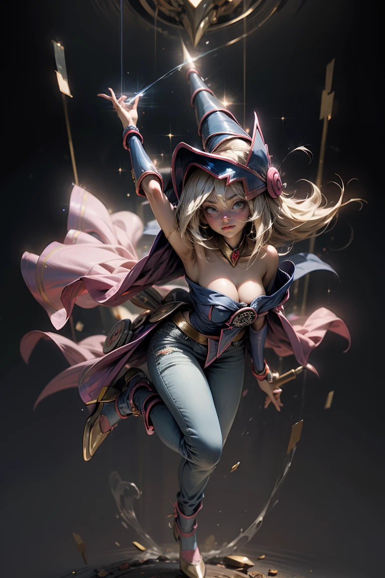 (Masterpiece:1.2), (The best quality:1.2), perfect lighting, Dark Magician Girl casting a spell, in battle. floating in the air, big and visible tits, wear jeans and heels. transparent neckline, blue robe, big hat, From above, sparkles, Yugioh game, The magic of the heart, romantic heart.