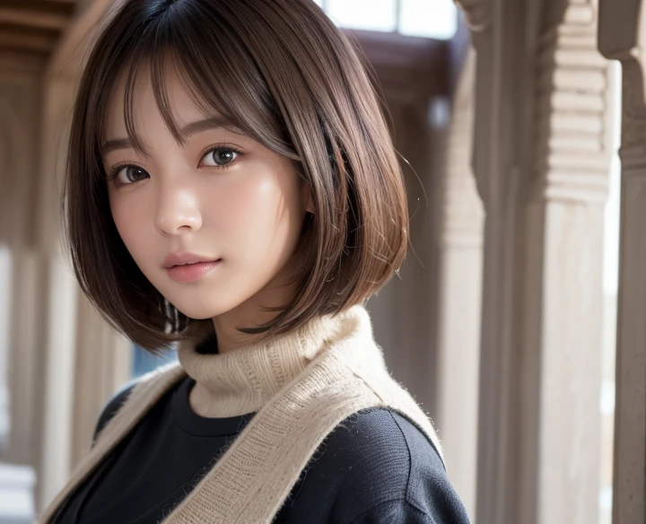 (((Brown, shoulder-length, straight short bob)))、(((Her background is in Mosque..、Pose like a model at the hair salon.)))、(((Casual white winter street fashion)))、Face close-up、Half Japanese and half Russian、18-year-old girl、Light eye makeup、Brown Hair Color、flat 、Hair blowing in the wind、Quality of actress、Shiny, Ultra-realistic faces、smileの表情、Watery eye、look up、Pleasant lighting effects、 Ultra-Realistic Capture、Very detailed、High resolution 16k human skin closeup。Skin texture must be natural、Must be so detailed that pores are visible、skin is healthy、We need a unified tone、Use natural light and color、High quality photos taken by modeling agencies'Exclusive photographer、smile、White skin