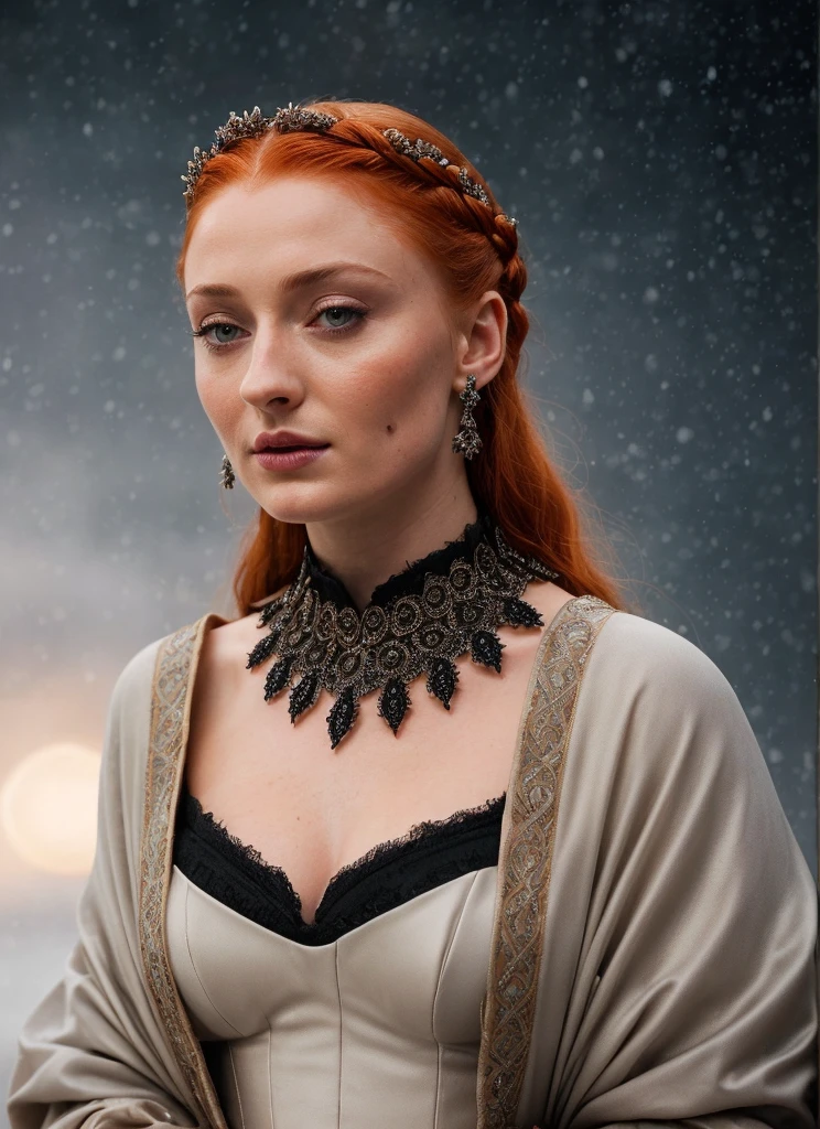 Face of Sophie Turner, Sansa Stark played by Sophie Turner, the de facto Lady of the Eyrie, is a 40-year-old mature queen with a stunning, alluring appearance. Full Face, pierced eyes, reddish lips, upper body shot, erotic Mediaeval costumes, game of thrones costumes, She wears a Game of Thrones-inspired costume and has a deep cleavage, a perfect thick body, and a perfect thick figure. The photograph captures her in a close-up, with her skin texture and facial features being ultra-realistic and realistic. Juicy thick figure, high quality skin, Skin pores, amazing details, snow, snow flakes, semi realistic, extremely detailed eyes, dark moody orange and black settings, cool environment, artificial intelligence