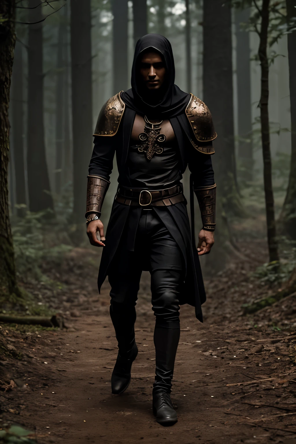 Necromancer. Medieval. Bronze skin. Male. Fully clothed in black. Woods