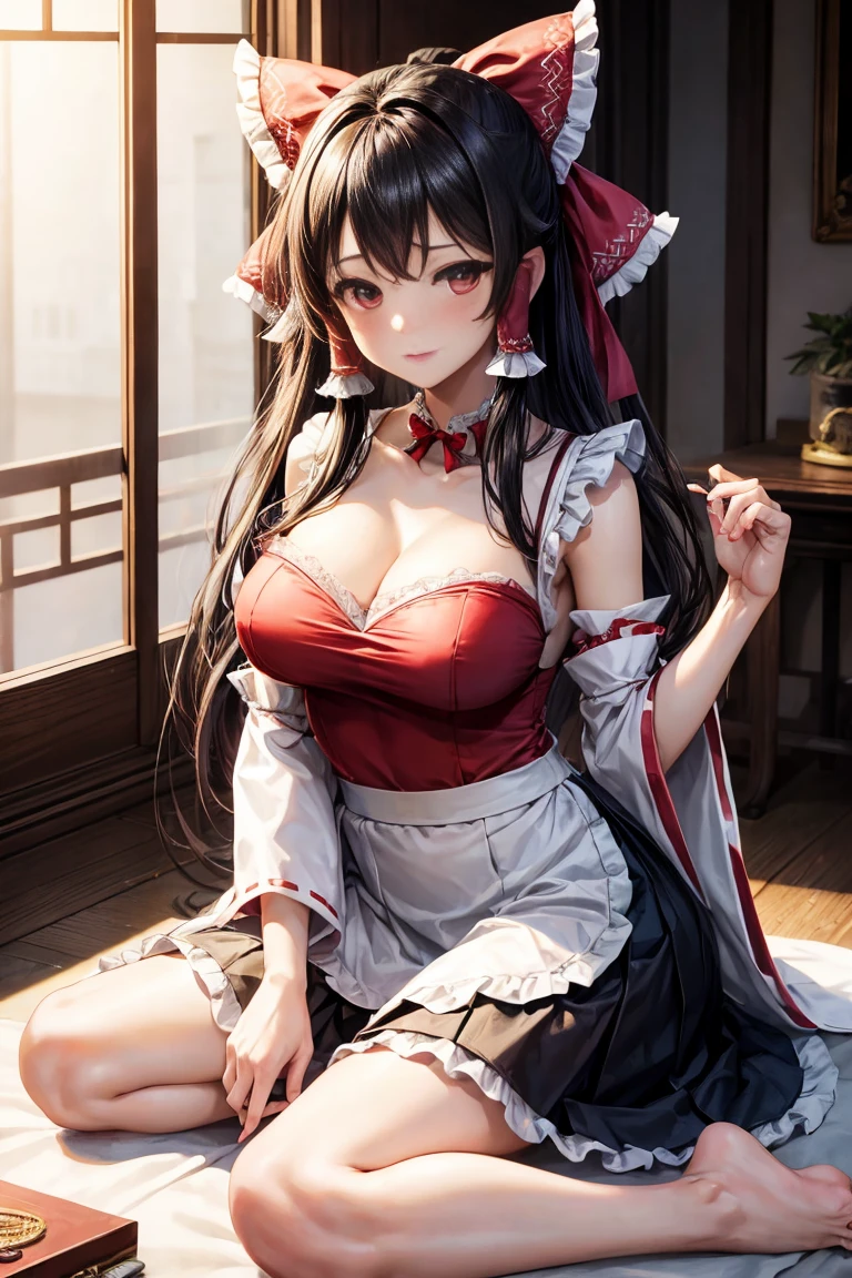 Beautiful woman, 20 years, Hakurei Reimu, Maid clothes, Beautiful curves, Perfect body, Very tall girl, high quality, teasing, barefoot, Skirt can be raised or lowered, Sitting cross-legged, sexy, Place your hand on your chest, Show off your breasts, , Heartfelt in the eyes, Blushing, At the mansion