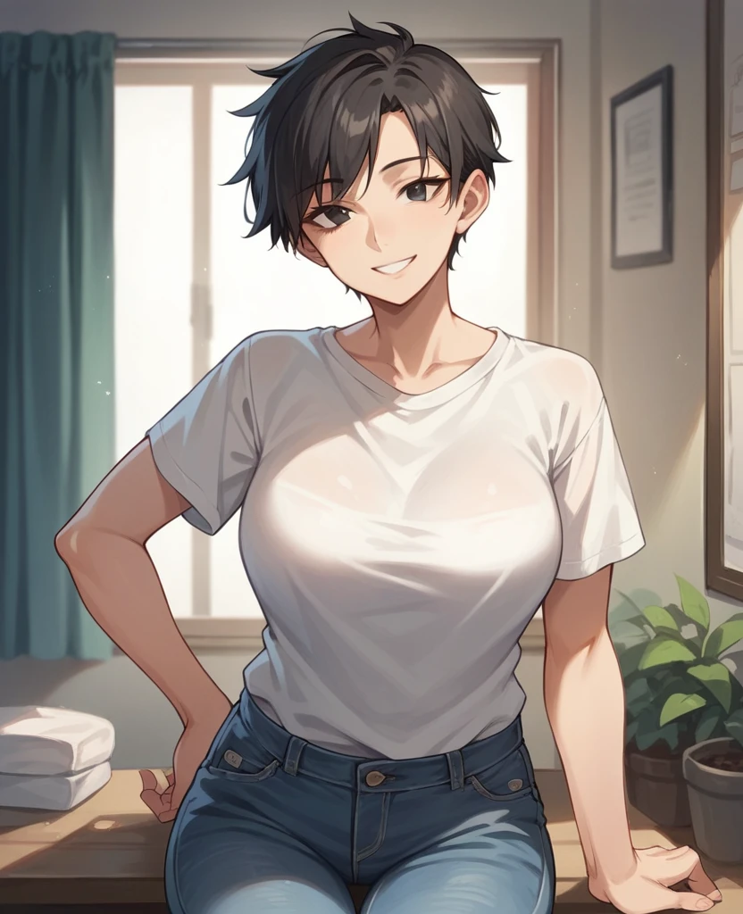 score_9, score_8_up, score_7_up, score_6_up, 1girl, solo, tomboy, 30 years old, milf, straight hair, short hair, black hair, black eyes, white t-shirt, jeans, indoors, looking at viewer, smile