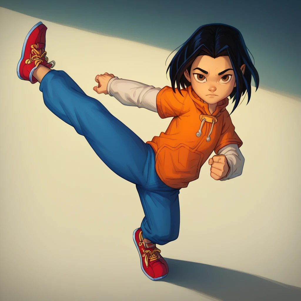 score_9, score_8_up, score_7_up, semirealistic girl kicking, standing, leg up, , jadechan, short black hair, solo, detailed brown eyes, looking at viewer, 1girl, orange hoodie, long white sleeves, blue pants,  Sneakers 