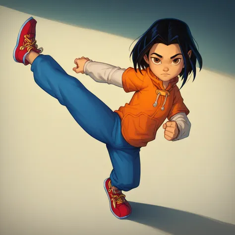 score_9, score_8_up, score_7_up, semirealistic girl kicking, standing, leg up, , jadechan, short black hair, solo, detailed brow...