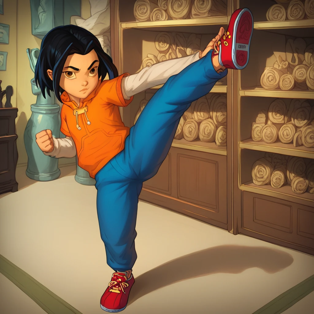 score_9, score_8_up, score_7_up, semirealistic girl kicking, standing, leg up, , jadechan, short black hair, solo, detailed brown eyes, looking at viewer, 1girl, orange hoodie, long white sleeves, blue pants,  Sneakers 