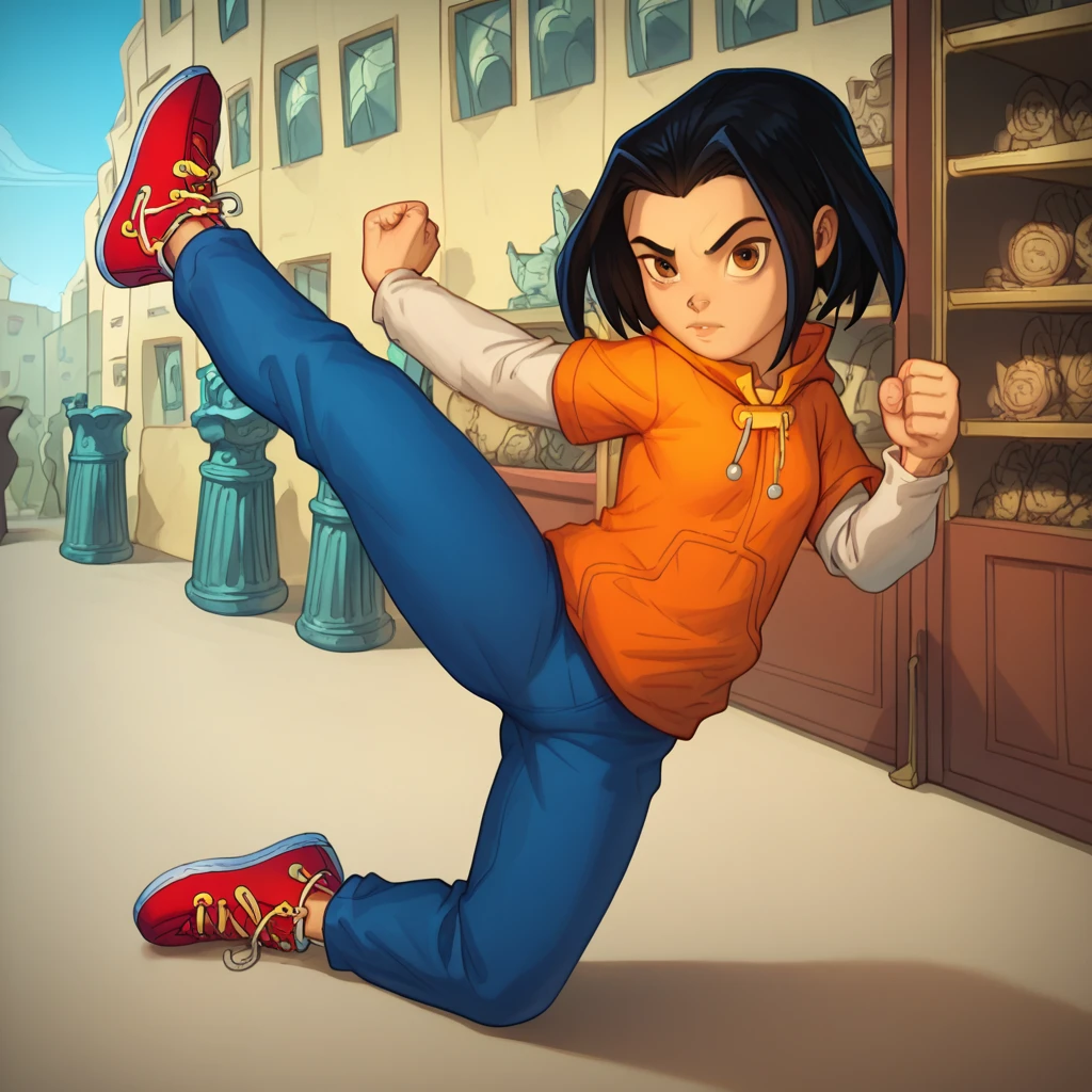 score_9, score_8_up, score_7_up, semirealistic girl kicking, standing, leg up, , jadechan, short black hair, solo, detailed brown eyes, looking at viewer, 1girl, orange hoodie, long white sleeves, blue pants,  Sneakers 