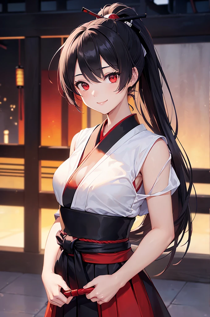 (masterpiece; best quality: 1.2), (finely detailed eyes: 1.3), ((25 year old woman)), ((solo)), (red eyes: 1.4), (body; lithe, toned, femenine: 1.3), (black hair in ponytail: 1.3), (beautiful and clear background: 1.2), ((depth of field)), (clothes: samurai attire + black-and-white hakama + red sash: 1.3), (anime illustration: 1.2), (background; old japanese castle exterior + night time: 1.1), (extremely fine and beautiful: 1.1), (shot composition; standing + centered on torso + close-up: 1.5), (expression; calm, smile: 1.2)