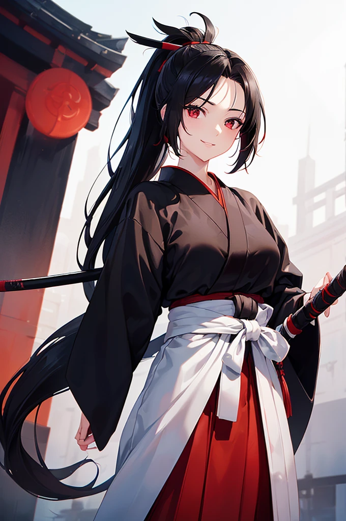 (masterpiece; best quality: 1.2), (finely detailed eyes: 1.3), ((25 year old woman)), ((solo)), (red eyes: 1.4), (body; lithe, slender, femenine: 1.3), (black hair in ponytail: 1.3), (beautiful and clear background: 1.2), ((depth of field)), (clothes: ronin attire + black-and-white hakama + red sash: 1.3), (anime illustration: 1.2), (background; kendo dojo + night time: 1.1), (extremely fine and beautiful: 1.1), (shot composition; standing + centered on torso + close-up: 1.5), (expression; calm, smile: 1.2)