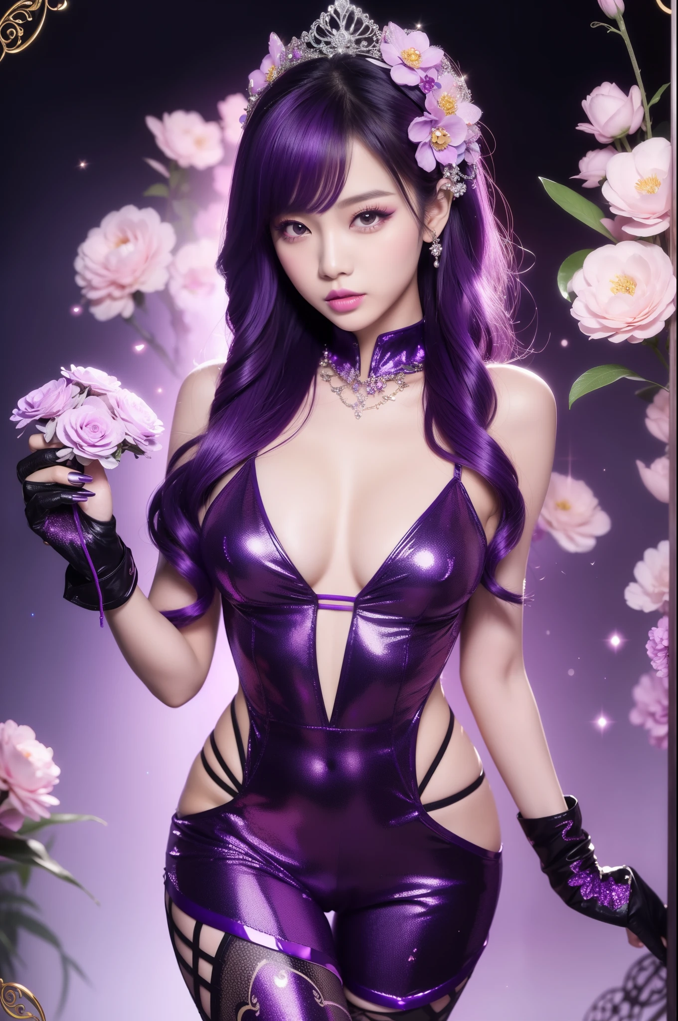 sexy Thai model who controls poison、lipgloss、intense makeup、look at the camera、full body Esbian、、sparkling poisoned flower costume (purple)、、、、shiny sparkling multicolor hair、secrete poison、skull hair accessories、ultra detailed tights (purple)、shiny sparkling flowers background