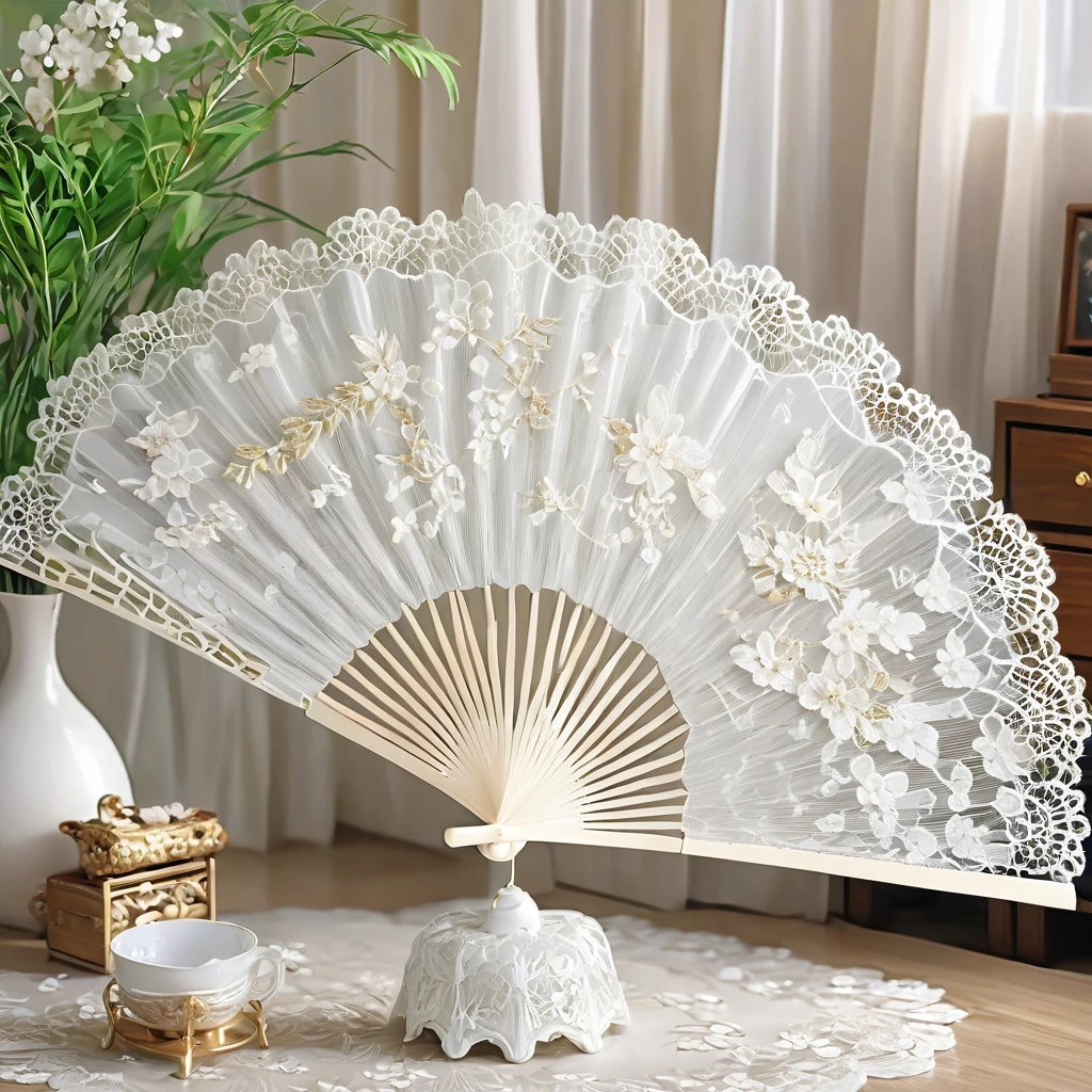 White laceで出来た扇子, Beautiful lace fan, Lace fan for room decoration, indoor, White lace, Very delicate lace, best quality:1.2, 4K, 8K, Very detailed, High Detail, masterpiece:1.2