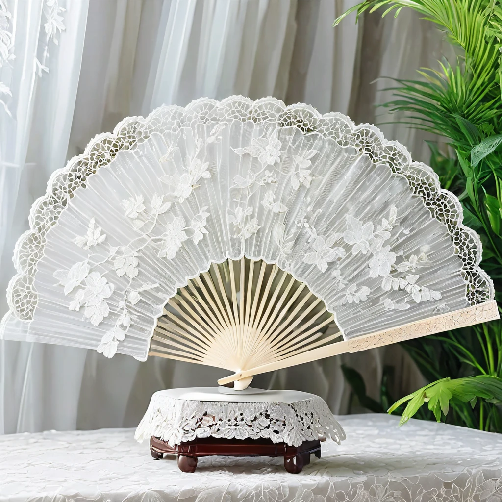 White laceで出来た扇子, Beautiful lace fan, Lace fan for room decoration, indoor, White lace, Very delicate lace, best quality:1.2, 4K, 8K, Very detailed, High Detail, masterpiece:1.2