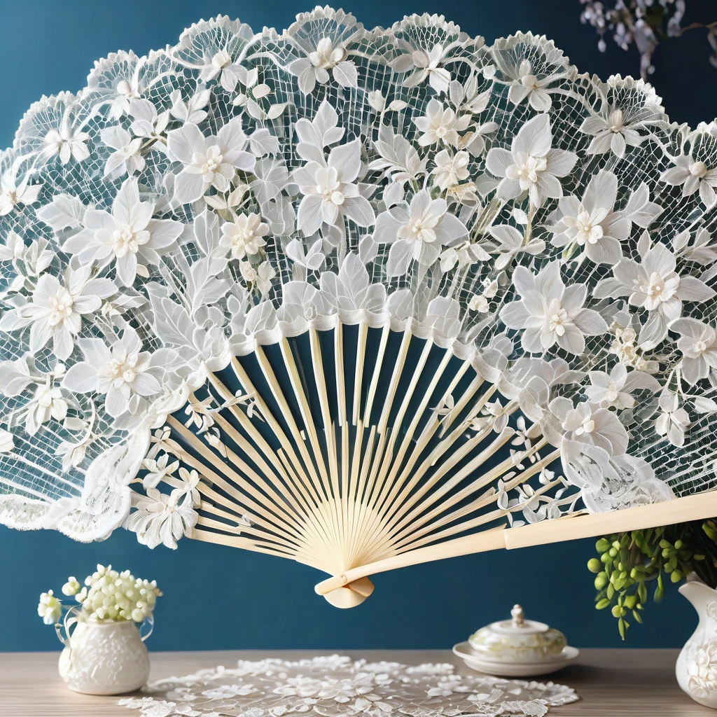 White laceで出来た扇子, Beautiful lace fan, Lace fan for room decoration, indoor, White lace, Very delicate lace, best quality:1.2, 4K, 8K, Very detailed, High Detail, masterpiece:1.2