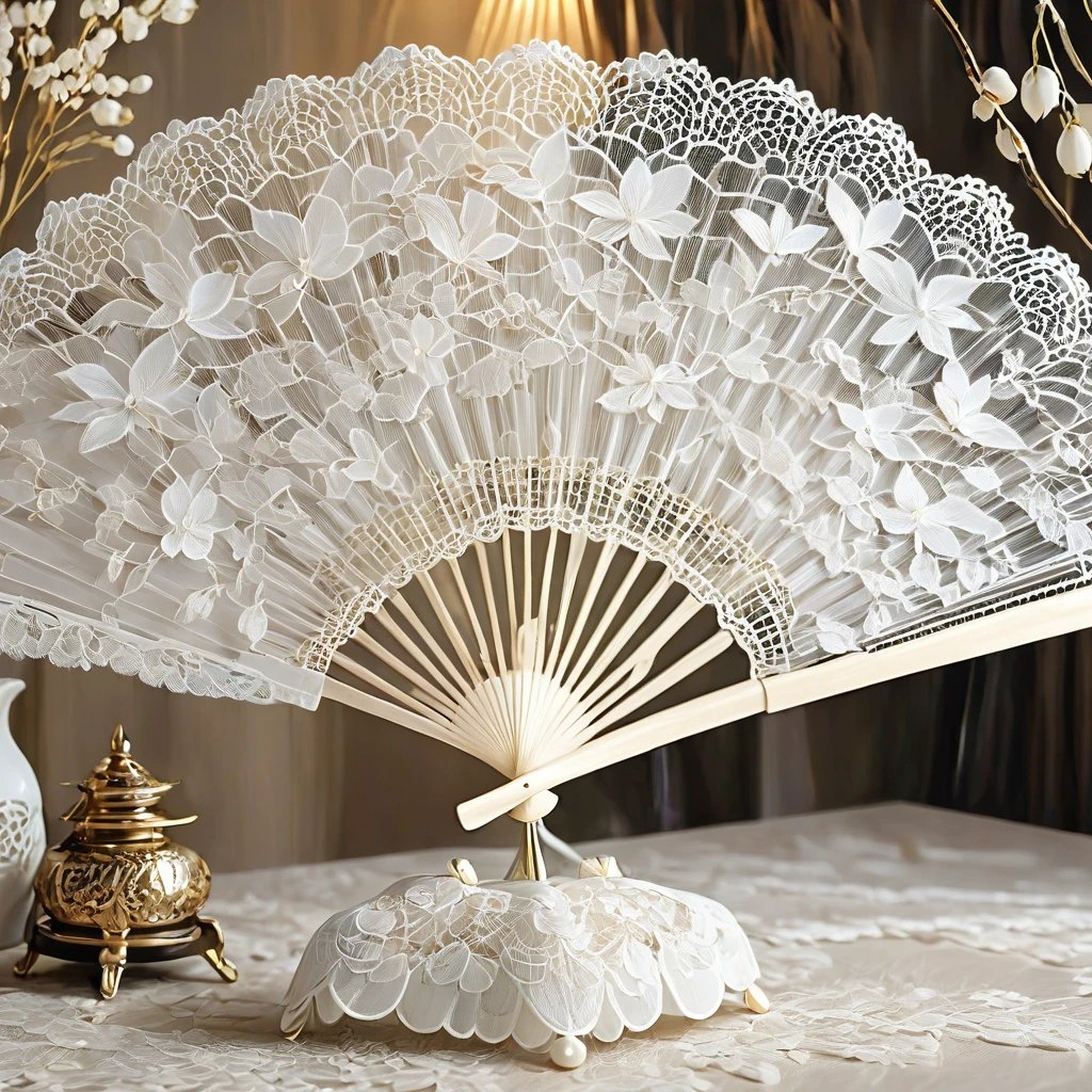 White laceで出来た扇子, Beautiful lace fan, Lace fan for room decoration, indoor, White lace, Very delicate lace, best quality:1.2, 4K, 8K, Very detailed, High Detail, masterpiece:1.2