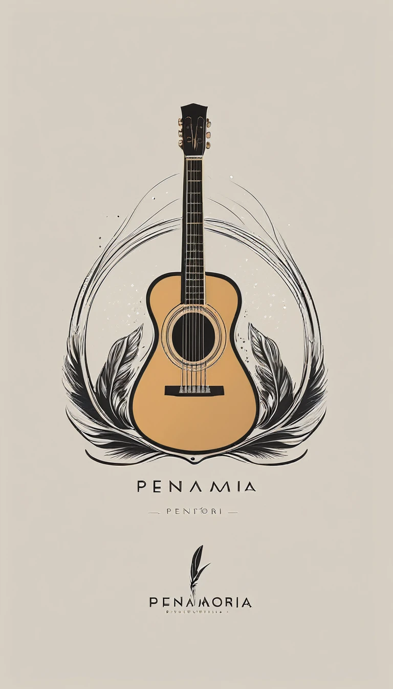 A minimal, modern, simple, cinematic logotype for the brand “Penamemoria". The logotype must be a simple, magical feather and a boy playing acoustic guitar. The logo must convey a sense of music, stories and dreams. Logo design impressed on a book cover. Minimalistic logo
