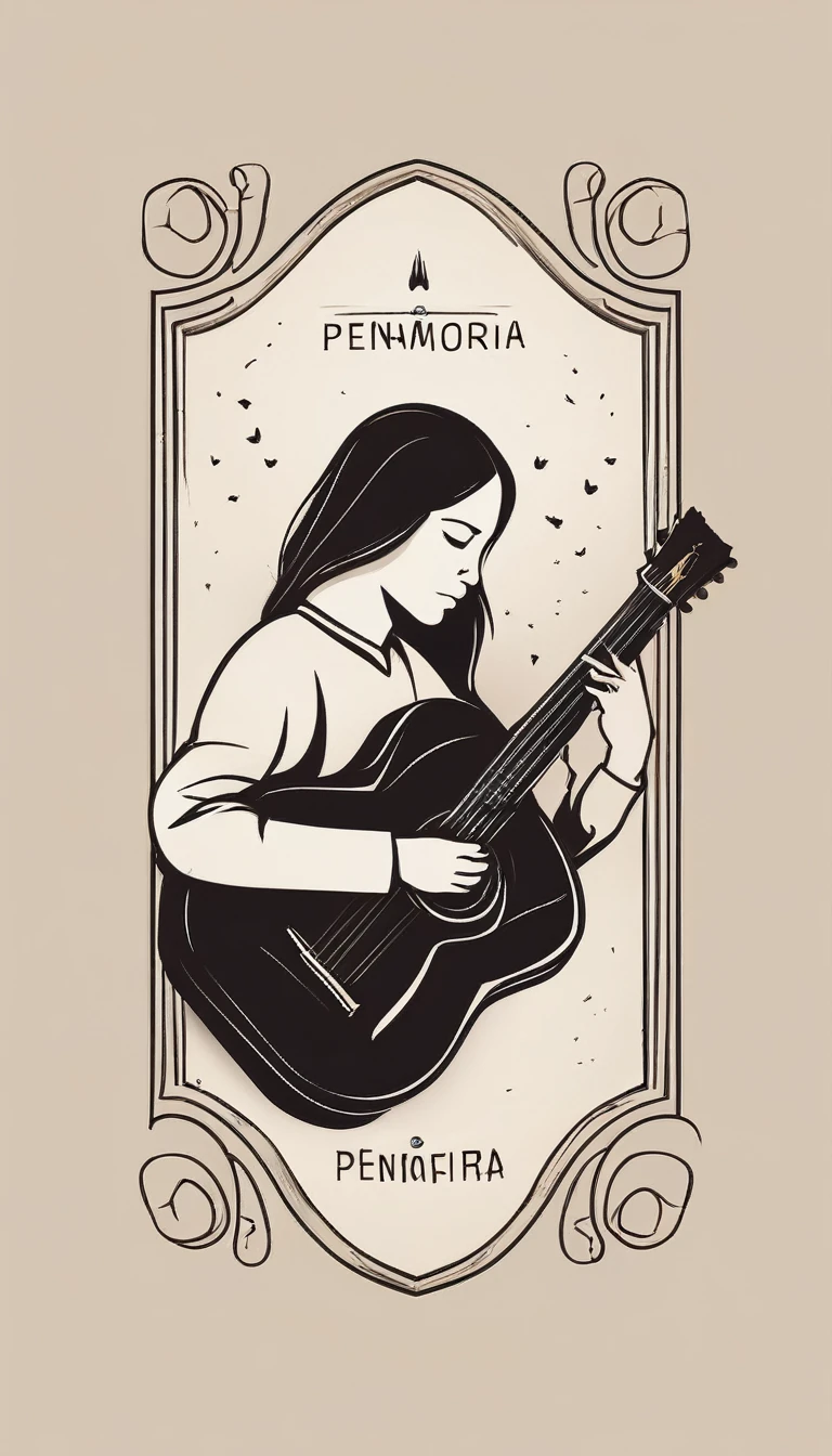 A minimal, modern, simple, cinematic logotype for the brand “Penamemoria". The logotype must be a simple, magical feather and a boy playing acoustic guitar. The logo must convey a sense of music, stories and dreams. Logo design impressed on a book cover. Minimalistic logo