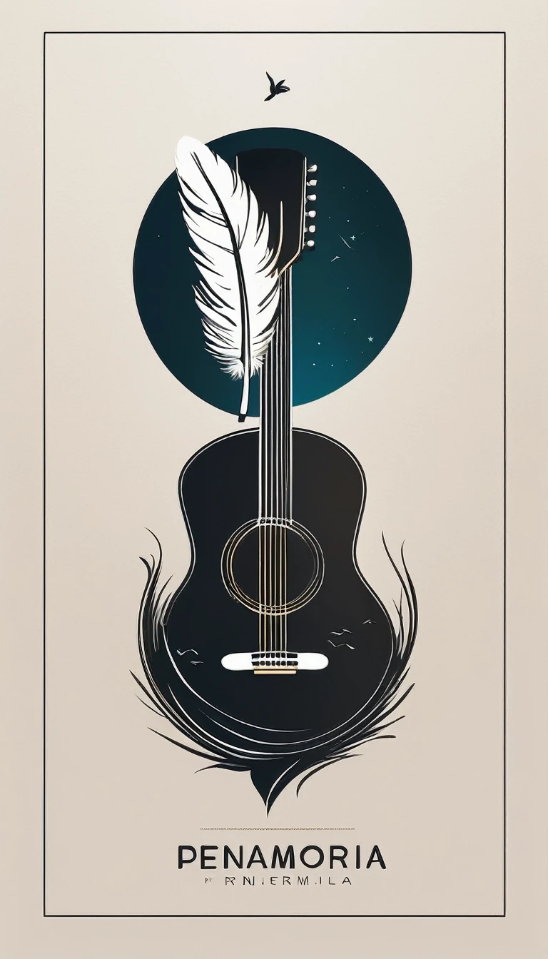 A minimal, modern, simple, cinematic logotype for the brand “Penamemoria". The logotype must be a simple, magical feather and a boy playing acoustic guitar. The logo must convey a sense of music, stories and dreams. Logo design impressed on a book cover. Minimalistic logo
