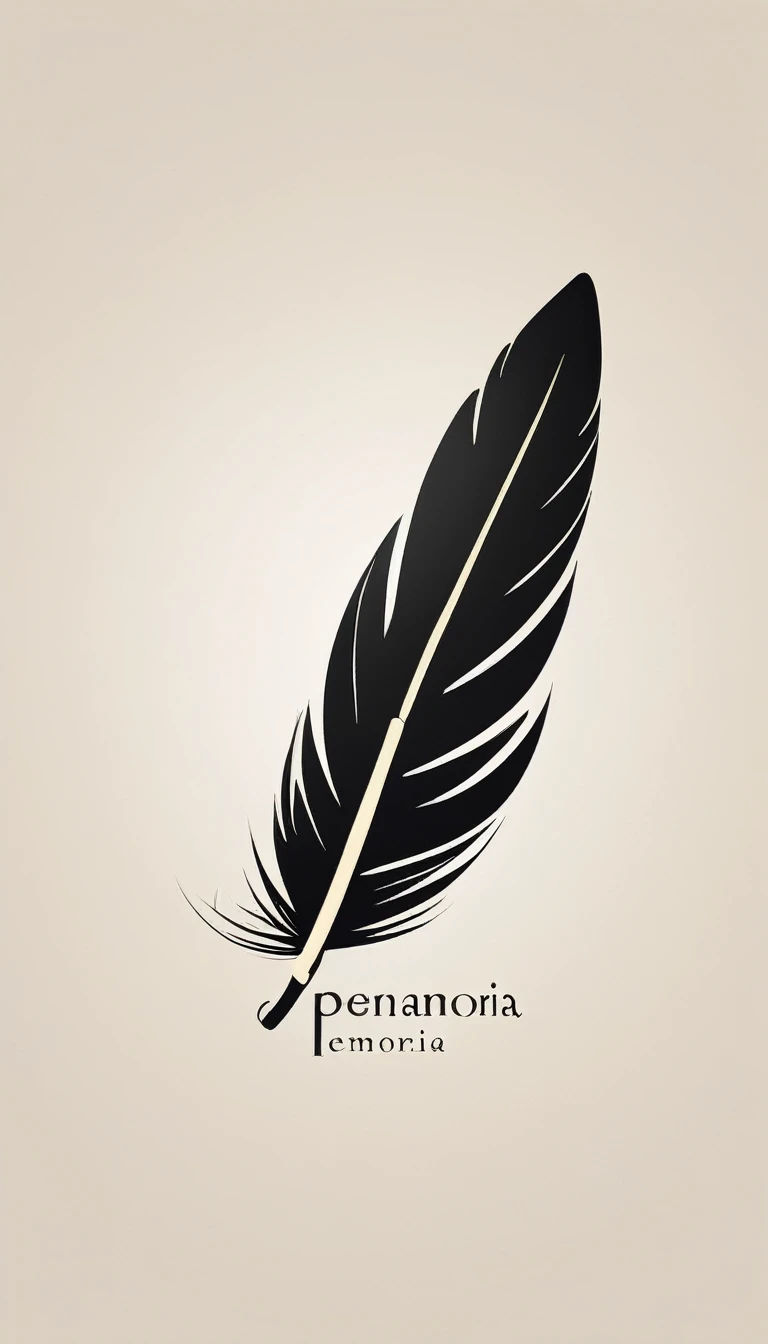 A minimal, modern, simple, cinematic logotype for the brand “Penamemoria". The logotype must be a simple, magical feather and a boy playing acoustic guitar. The logo must convey a sense of music, stories and dreams. Logo design impressed on a book cover. Minimalistic logo