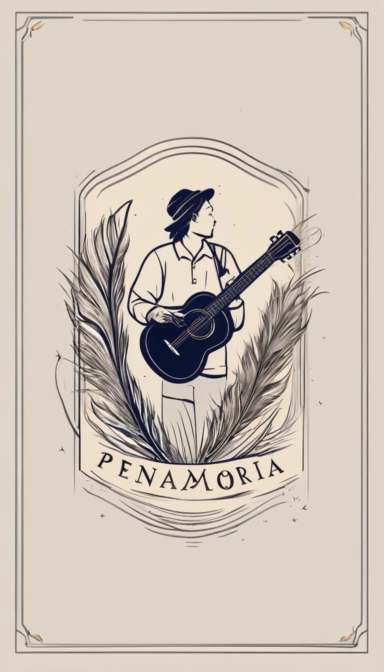 A minimal, modern, simple, cinematic logotype for the brand “Penamemoria". The logotype must be a simple, magical feather and a boy playing acoustic guitar. The logo must convey a sense of music, stories and dreams. Logo design impressed on a book cover. Minimalistic logo