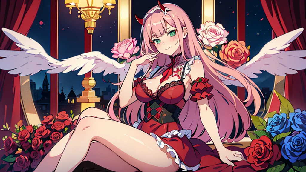 masterpiece, high quality, best quality, beautiful, hd, perfect lighting, detailed face, detailed body, 1 woman, (milf), solo, (pink hair), green eyes, ((red lace underwear with ruffles)), (sitting on plushie), (red roses, blue violets), sexy pose, sexy face, (blush), red horns, lola, mecha girl