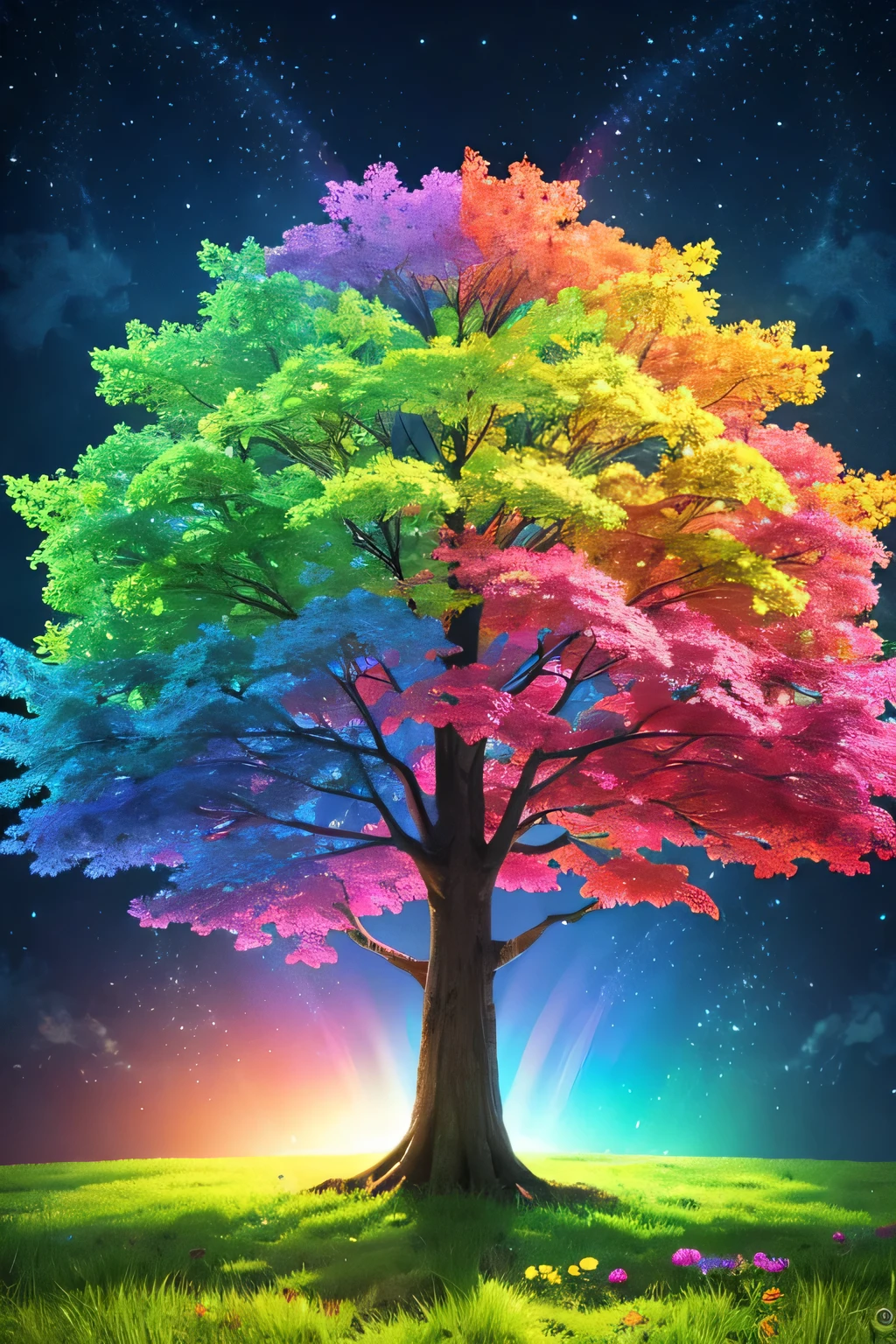 Rainbow Tree, Rainbow leaf,Anime Style, Tree in focus,Fantasy