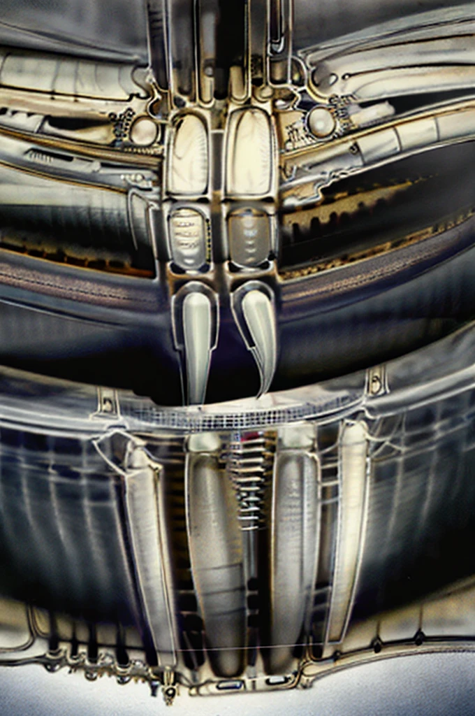 The image is a detailed view of H.R. Giger's \" Landscape XVI \" plate, featuring a complex network of bones and organs in a purple-brown hue ,swirling gray and brown colors. The artwork is silver and purplish brown, with an ivory bones prominently displayed. The image is highly detailed and intricate, almost like a 3d version of a medical sketch