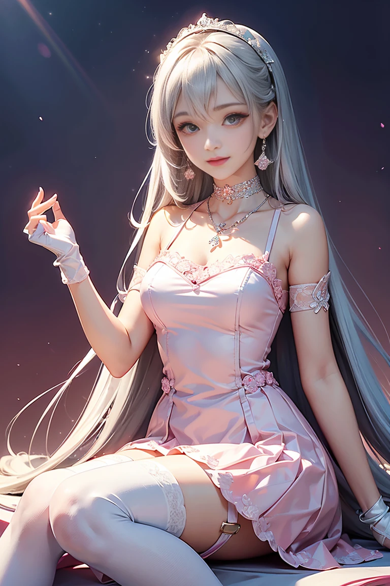 Dynamic Angle,((One girl, Elegant Pink Dresser Piece, Highest Resolution)), (Beautiful illustrations),(Beautiful medium-long silver hair),(Looking at the audience),An innocent smile,Cinema Lighting,White over-the-knee socks,Lace choker, Wristband, Diamond Necklace,Wristband, White fingerless gloves, Earrings,Day,blue sky,Beautiful Flower Park