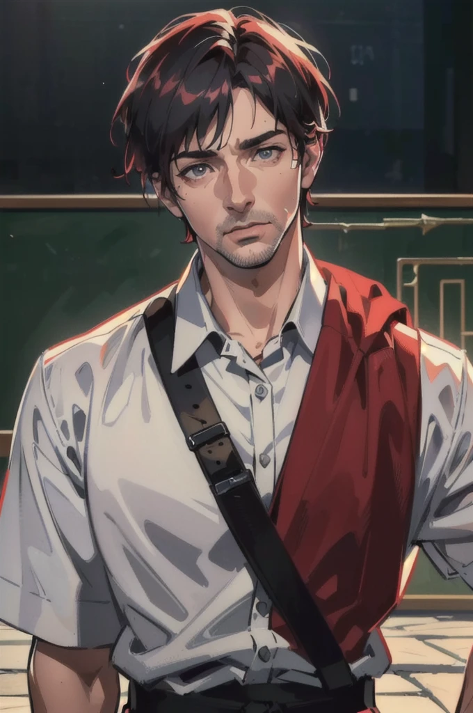 40-year-old man (Red Short Hair:1.0), Grey Eyes, Moles all over the face, Wear official uniform, Masculinity, teacher, (Highest quality,4K,8K,High resolution,masterpiece:1.2),Super detailed,(Realistic,photoRealistic,photo-Realistic:1.37),Cinema Lighting,Highly detailed face and body,Sharp focus,Vibrant colors,Anime Style