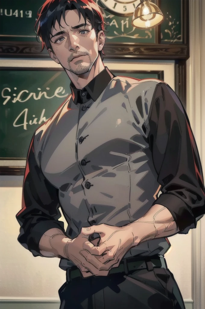 40-year-old man (Red Short Hair:1.0), Grey Eyes, Moles all over the face, Wear official uniform, Masculinity, teacher, (Highest quality,4K,8K,High resolution,masterpiece:1.2),Super detailed,(Realistic,photoRealistic,photo-Realistic:1.37),Cinema Lighting,Highly detailed face and body,Sharp focus,Vibrant colors,Anime Style