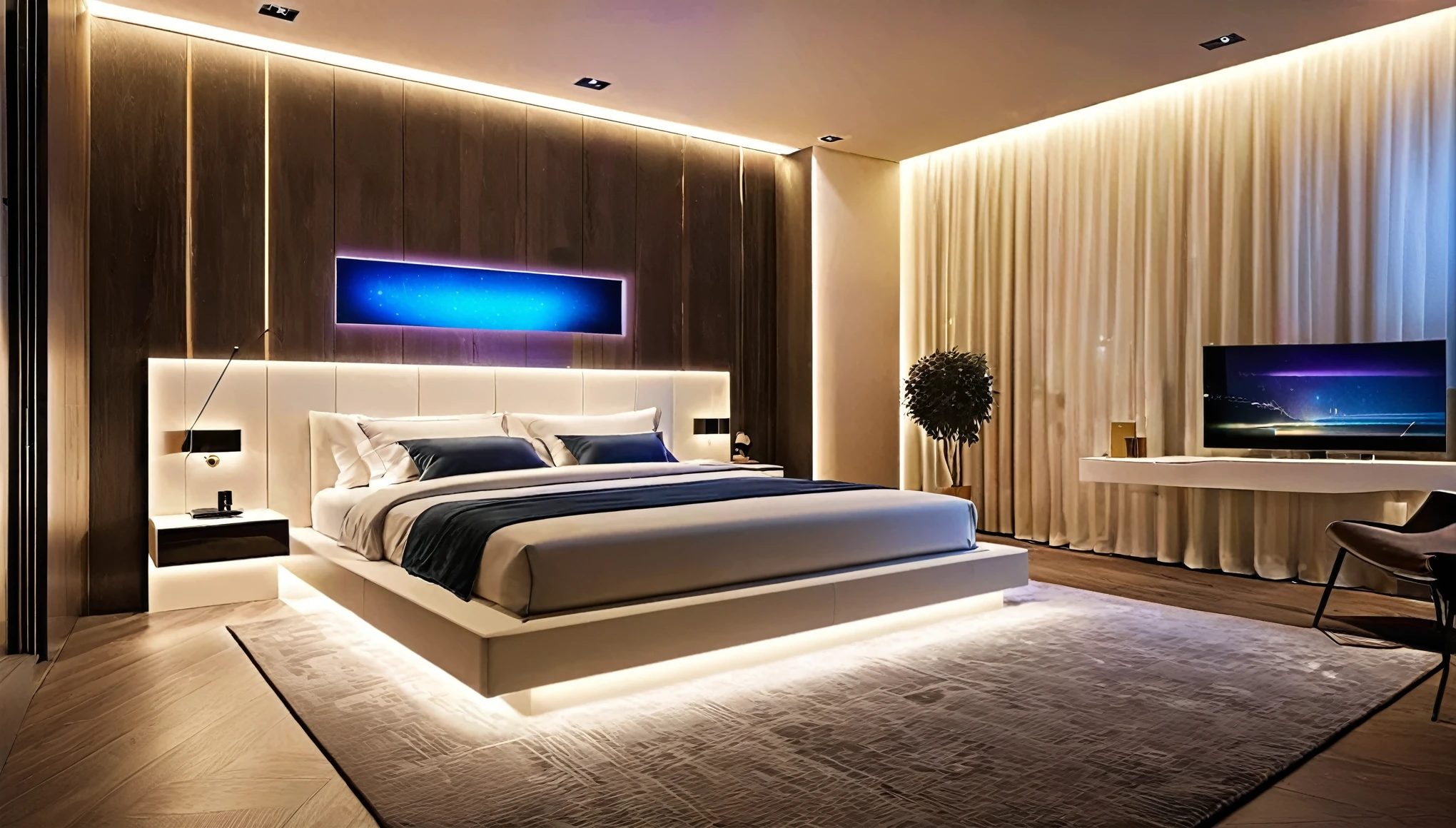 Produce an image of the bedroom in this technological marvel. Emphasize a tranquil atmosphere with automated lighting, a luxurious bed, and minimalist decor that enhances relaxation