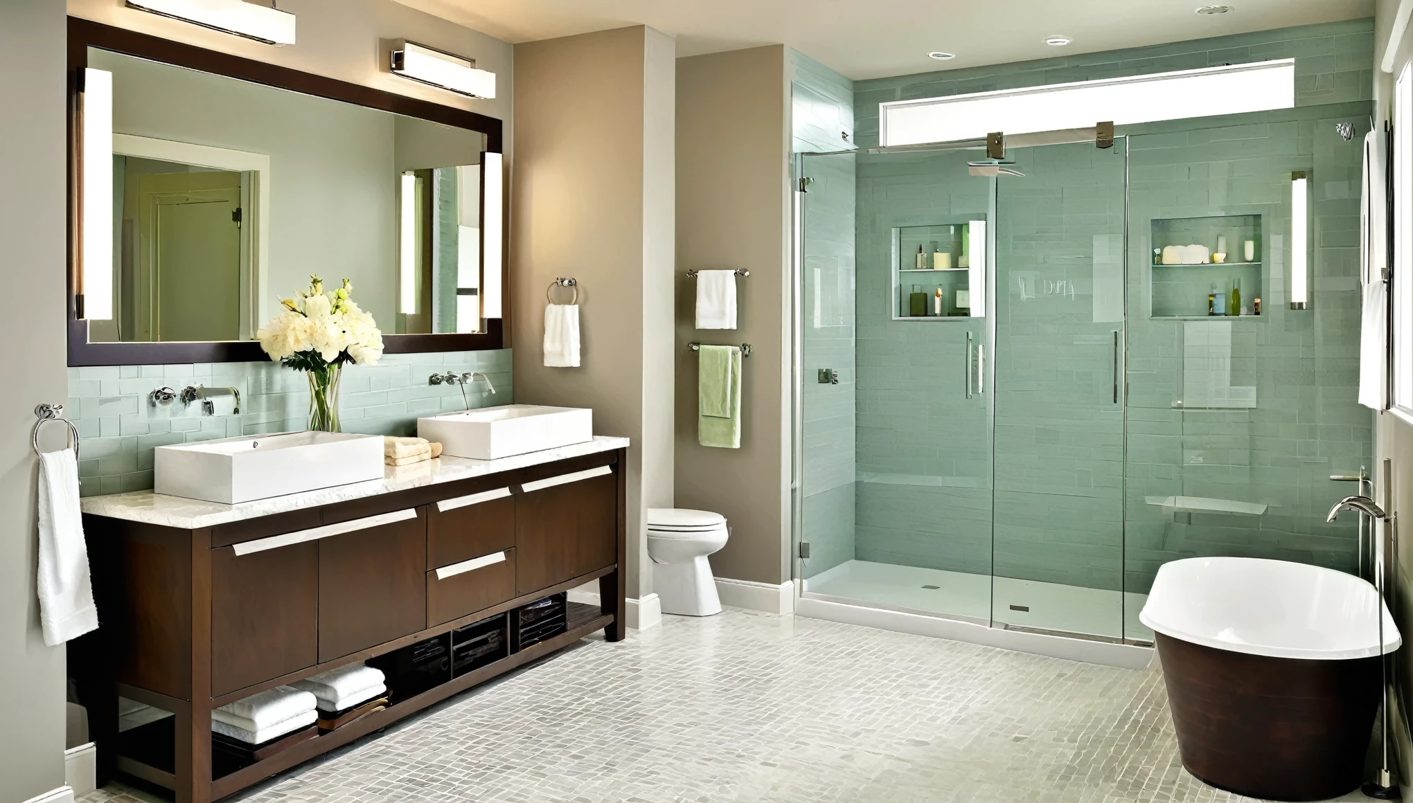 Craft an image of the bathroom, a space where innovation and elegance converge. Showcase high-tech fixtures, spa-like features, and a design that exudes sophistication and comfort.