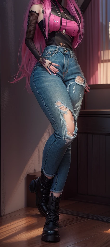 AVATAR SECOND LIFE Korean girl, black blouse, Asian, pink hair, pink hair, pink hair, korean girl , Perfect and detailed face, imvu, maximalist details, AVATAR SECOND LIFE Korean blusa , neon, jeans, jeans