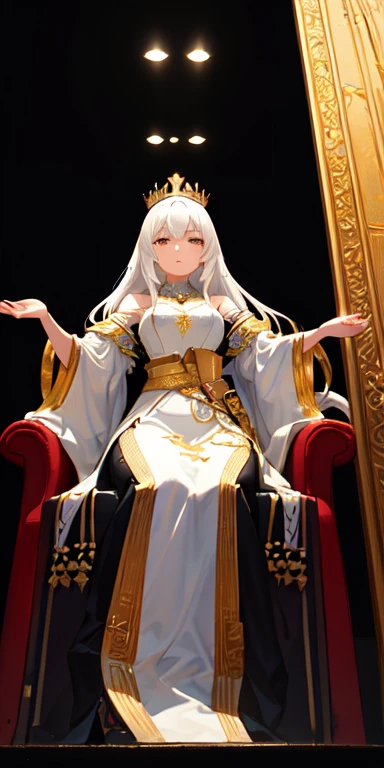 (masterpiece:1.2), Highest quality, (figure:1.2), (Super detailed), Hyper Details, (Delicate and detailed), (Intricate details), (Cinematic Light, Highest quality Backlights), Clear lines, From below, soloist, Perfect body, (One girl), White hair and yellow eyes, (Emperor, Black see-through clothing), (Crown: 1.1), Sitting on the throne, Close your eyes for a moment, Head Down, (shy: 1.2 ), (compensate), High Contrast, (Best lighting, Very creative and beautiful), (Cinematic Light), colorful,