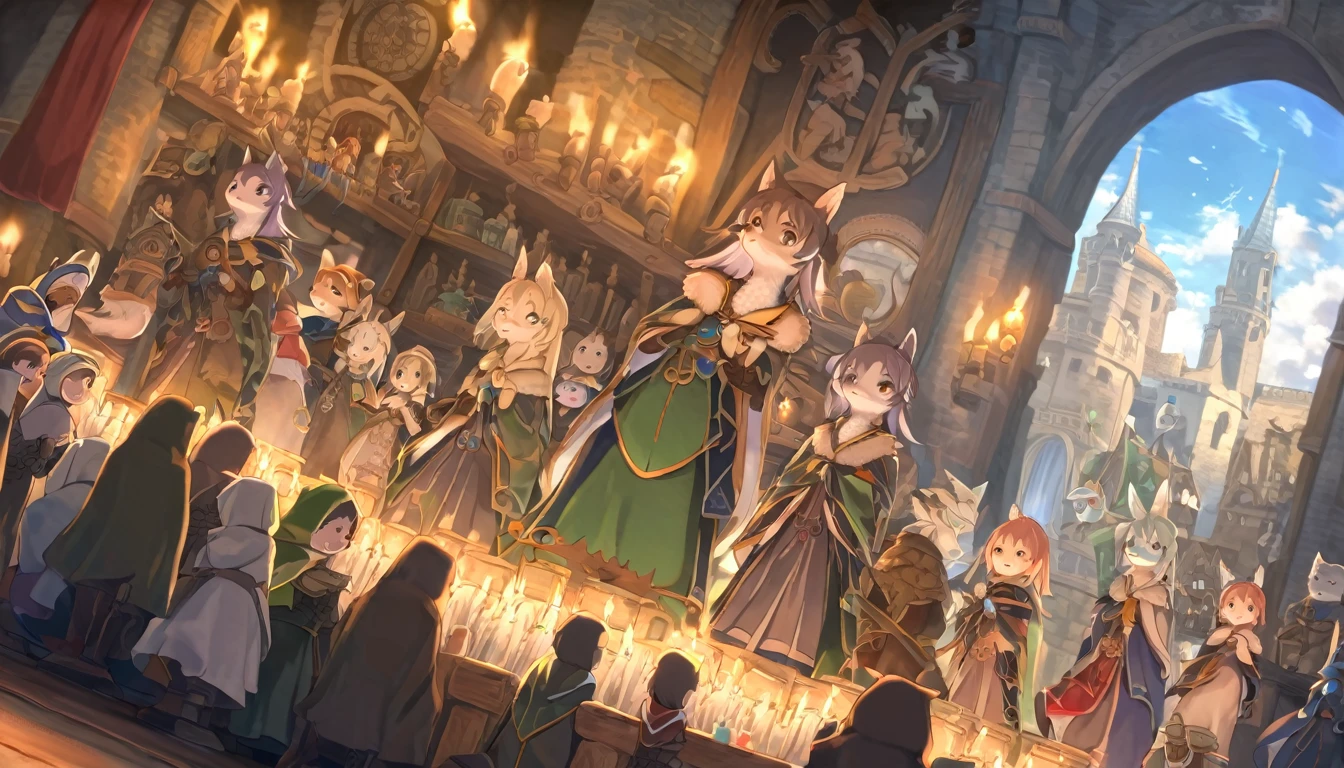 Dynamic Angle, Highest quality, Highest quality, High quality illustrations, masterpiece, Ultra-high resolution, Detailed Background, Detailed Background, Alchemist, Medieval Europe, Candles, Group shot:0.1, 6+boy, 6+girl, Absurd(Very exquisite beautiful face and eyes)Perfect Anatomy, Performance, Good lighting, Shadows in the movie(kemono, Furry Personification),