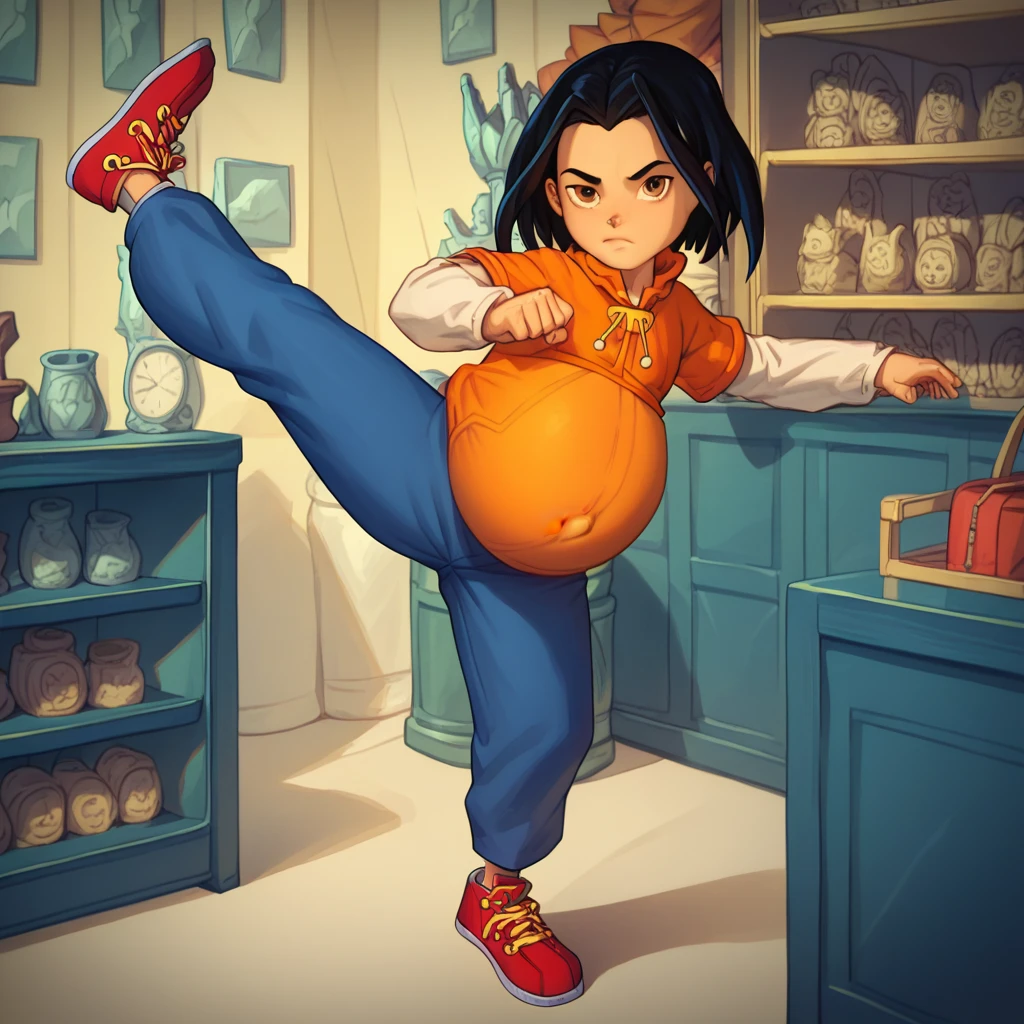 score_9, score_8_up, score_7_up, semirealistic girl kicking, standing, leg up, , jadechan, short black hair, solo, detailed brown eyes, looking at viewer, 1girl, orange hoodie, long white sleeves, blue pants,  Sneakers, hyper-pregnant , short stature,  elementary school student 