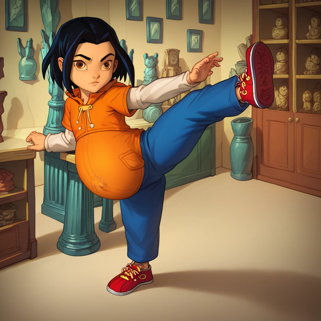 score_9, score_8_up, score_7_up, semirealistic girl kicking, standing, leg up, , jadechan, short black hair, solo, detailed brown eyes, looking at viewer, 1girl, orange hoodie, long white sleeves, blue pants,  Sneakers, hyper-pregnant , short stature,  elementary school student 