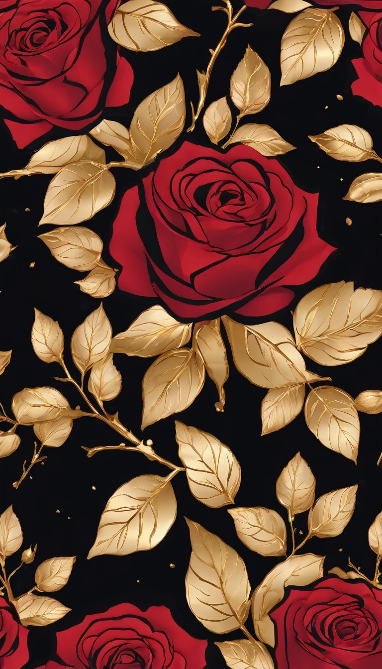A beautiful red rose with leaves in gold and black