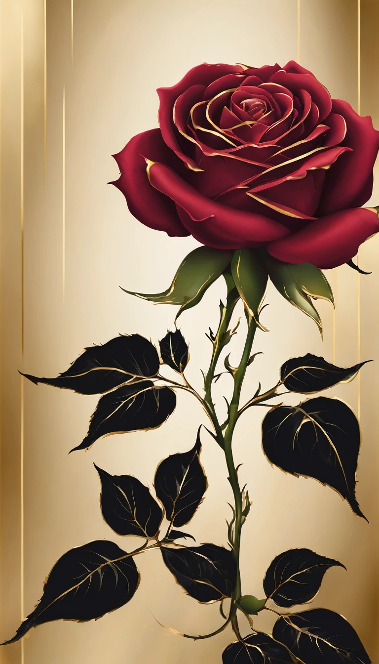 A beautiful red rose with leaves in gold and black