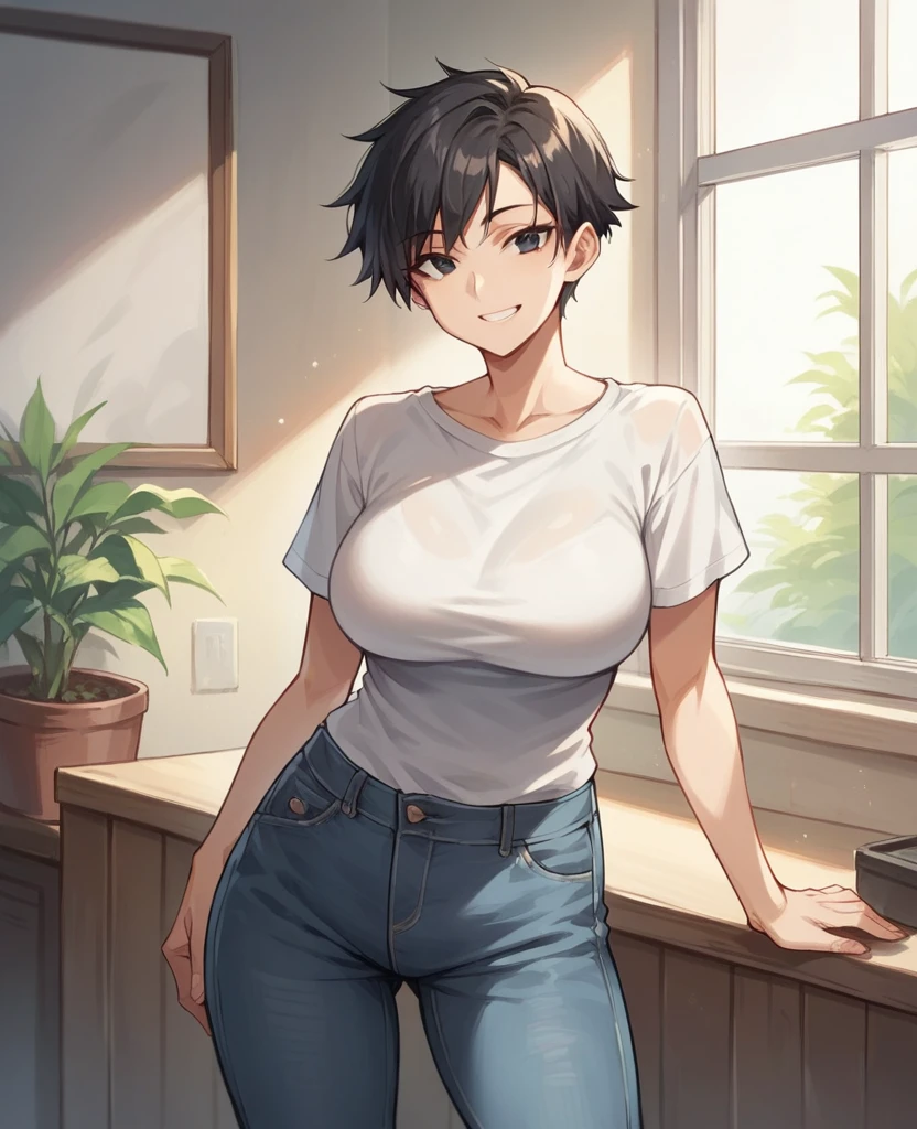 score_9, score_8_up, score_7_up, score_6_up, 1girl, solo, tomboy, 30 years old, milf, straight hair, short hair, black hair, black eyes, white t-shirt, jeans, indoors, looking at viewer, smile